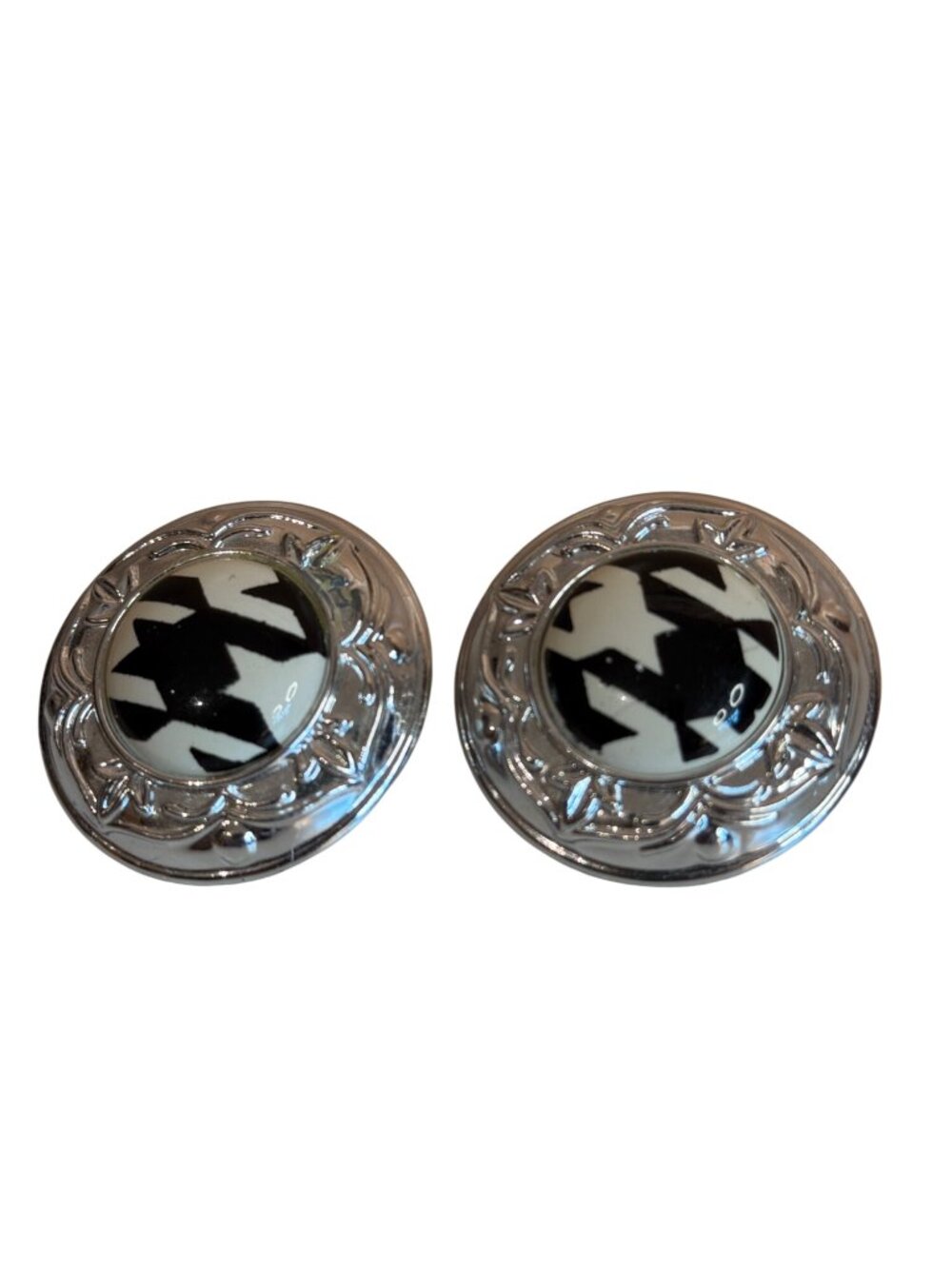 Vintage Silver-Tone Earrings With Black & White Abstract Chunky Intricate 1.25"